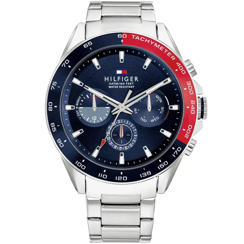 Tommy Hilfiger Owen 1791968 Men's Silver Steel Watch with Blue Dial & Pepsi Bezel
