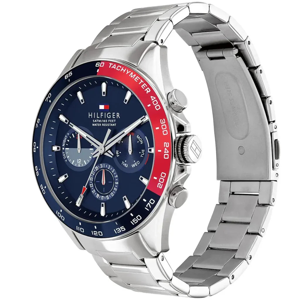 Tommy Hilfiger Owen 1791968 Men's Silver Steel Watch with Blue Dial & Pepsi Bezel