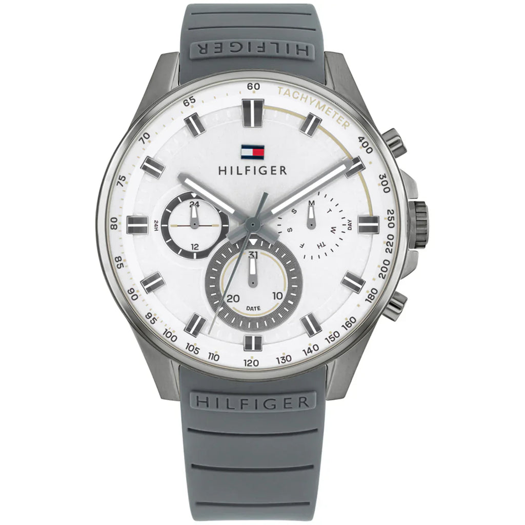 Tommy Hilfiger Max 1791972 Men's Gunmetal Case White Dial Grey Rubber Watch