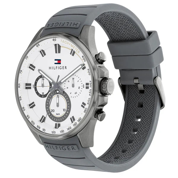 Tommy Hilfiger Max 1791972 Men's Gunmetal Case White Dial Grey Rubber Watch