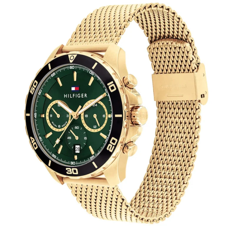 ساعة تومي هيلفيغر جوردان 1792093 ذهبية شبكية بمينا أخضر للرجال بعقارب مزدوجة