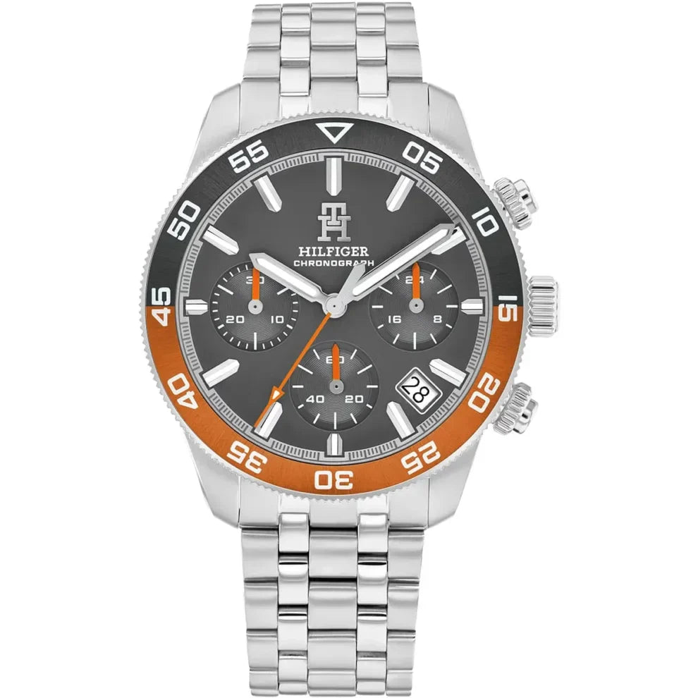 Tommy Hilfiger TH85 1792186 Men's Silver Steel Watch with Grey Dial & Orange Bezel