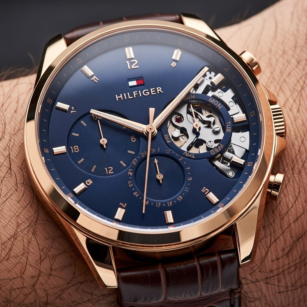Tommy Hilfiger Baker 1710453 Rose Gold-Tone Blue Dial Brown Leather Men's Watch