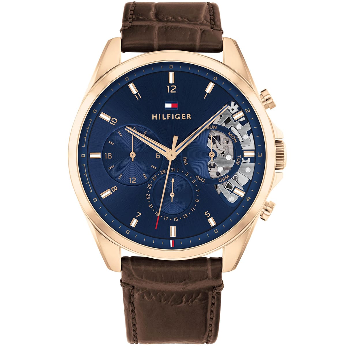 Tommy Hilfiger Baker 1710453 Rose Gold-Tone Blue Dial Brown Leather Men's Watch