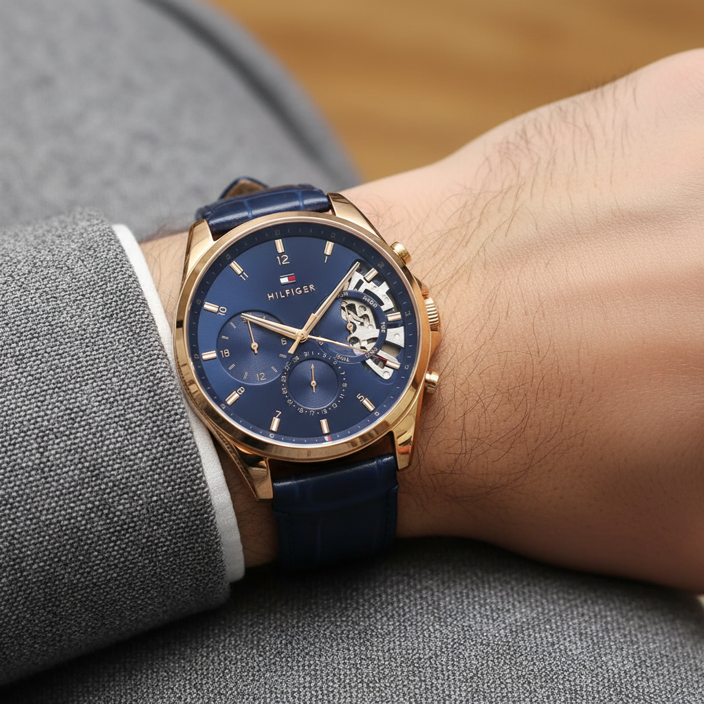 Original Tommy Hilfiger Baker Men's Watch - Gold Case & Navy Blue Leather (1791451)