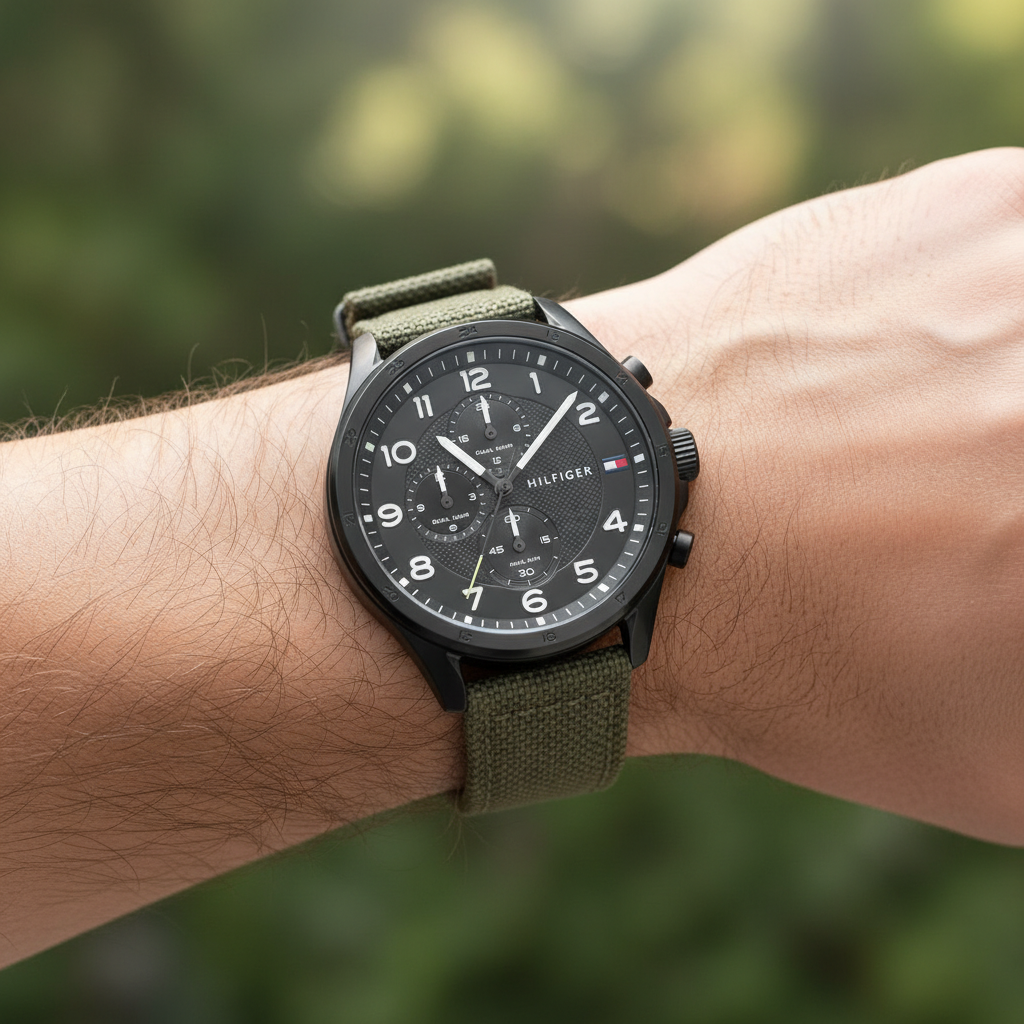 Original Tommy Hilfiger Carlyle Men's Watch - Black Case & Olive Green Canvas Strap (1792006)