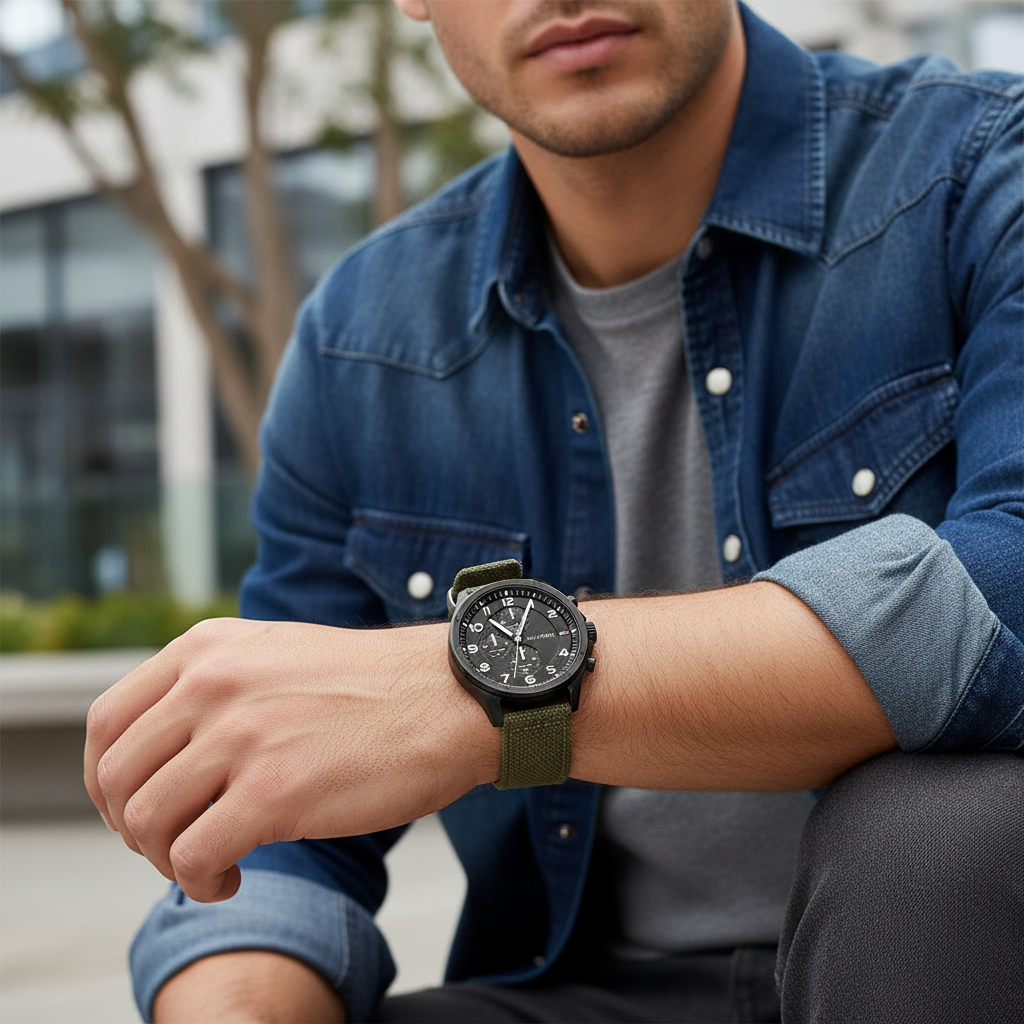 Original Tommy Hilfiger Carlyle Men's Watch - Black Case & Olive Green Canvas Strap (1792006)