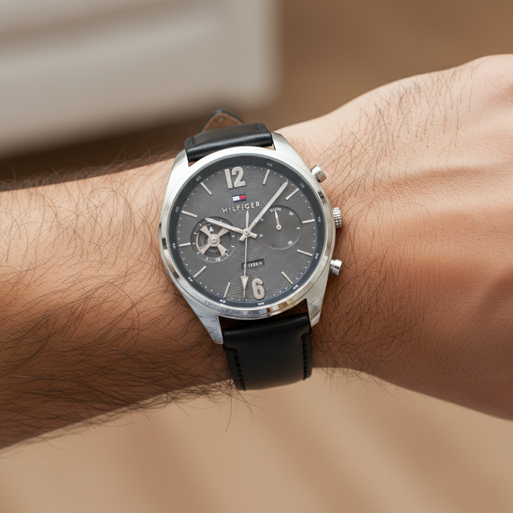 Original Tommy Hilfiger Men's Watch - Silver Case & Black Leather (1791548)