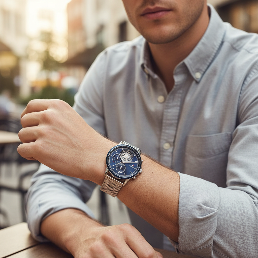 Original Tommy Hilfiger Stewart Men's Watch - Silver Mesh Steel & Navy Dial (1710609)