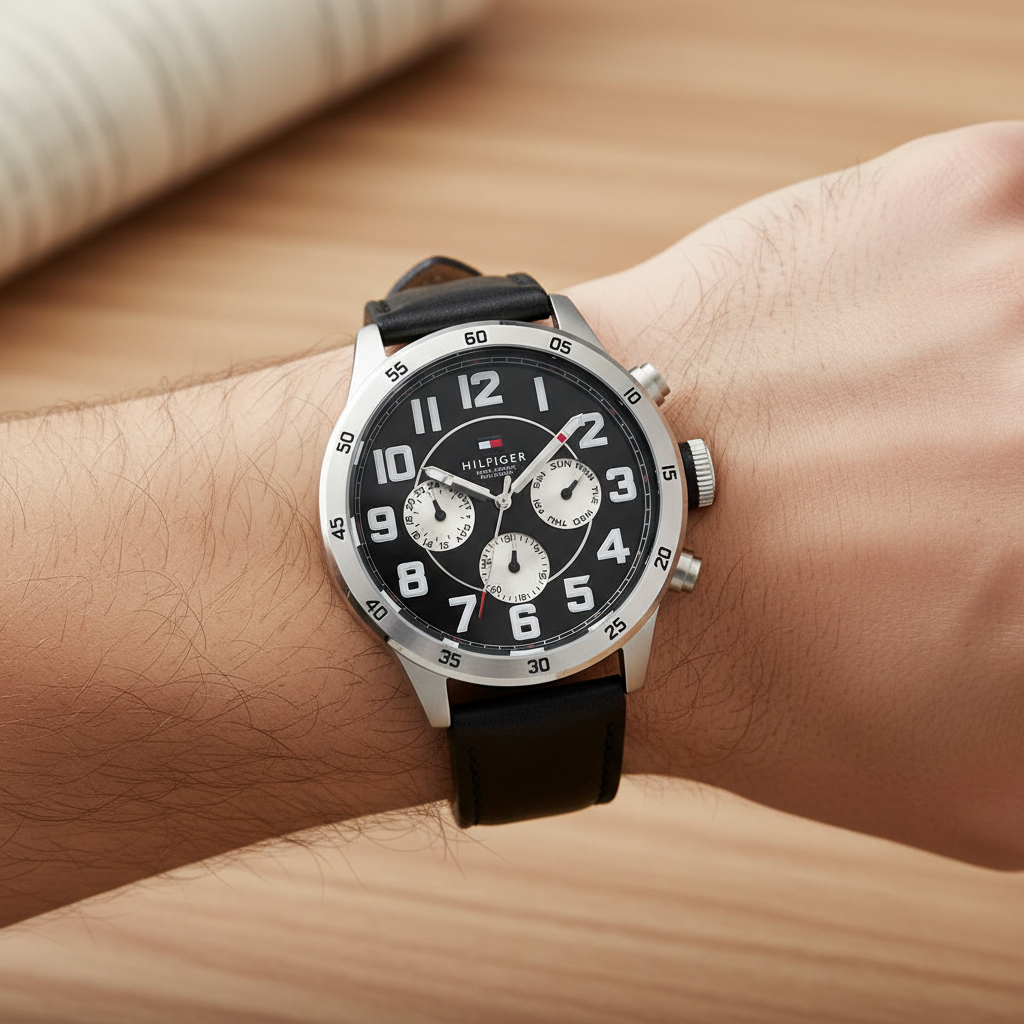 Original Tommy Hilfiger Men's Watch - Silver Case & Black Leather (1791050)