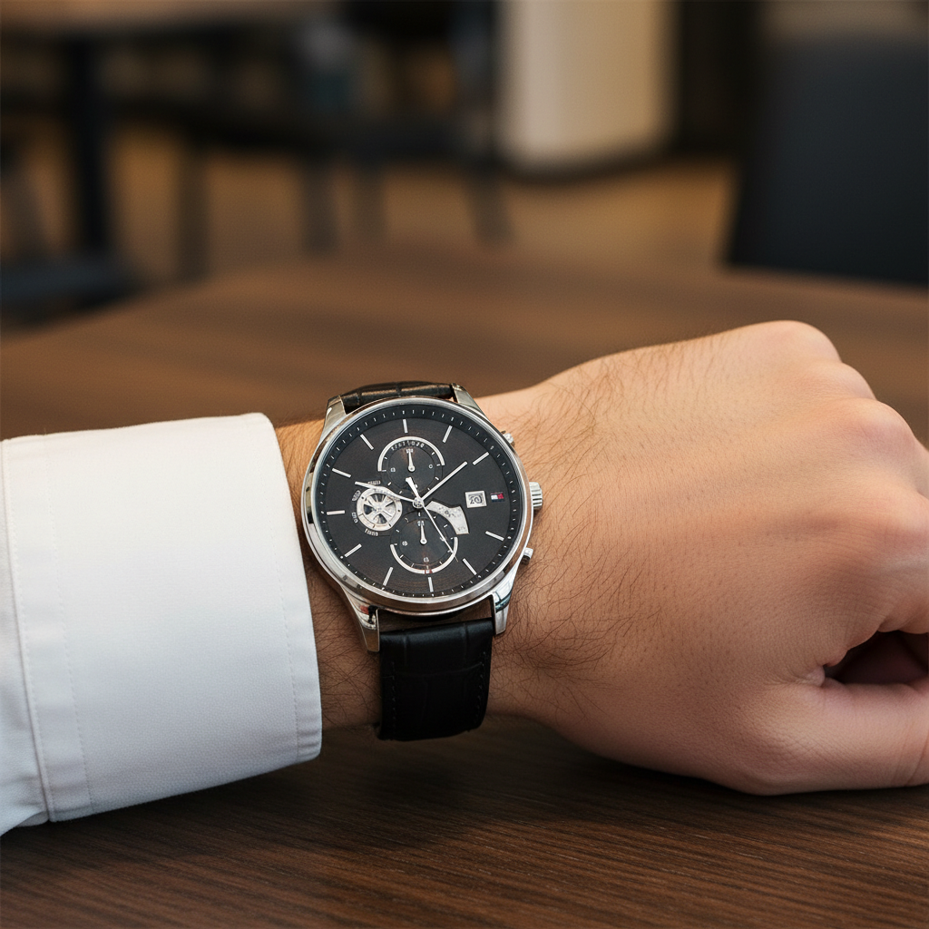 Original Tommy Hilfiger Men's Watch - Silver Case & Black Leather (1710502)