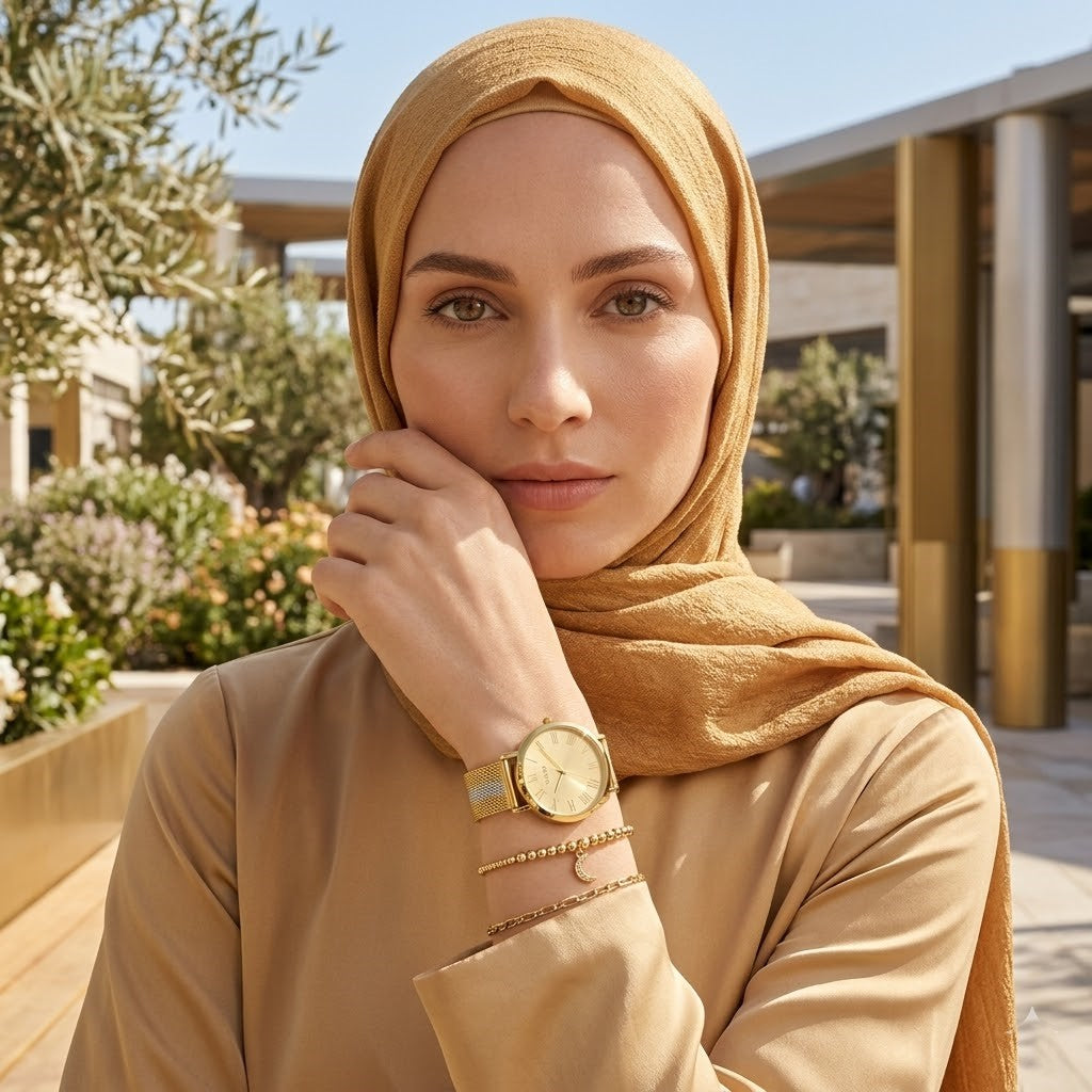 Guess U1155L3 Gold Case Gold Dial Gold Silver Striped Mesh Women's Watch