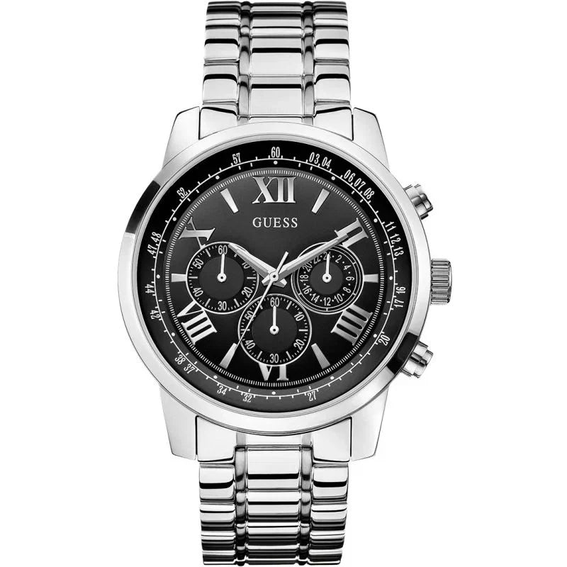 Guess Horizon W0379G1 Silver Tone Black Dial Chronograph Look Watch