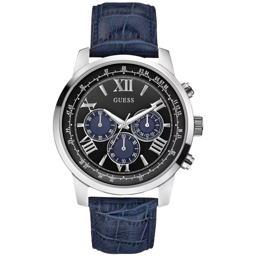 Guess Horizon W0380G3 Silver Tone Case Black Dial Blue Leather Watch