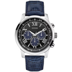 Guess Horizon W0380G3 Silver Tone Case Black Dial Blue Leather Watch