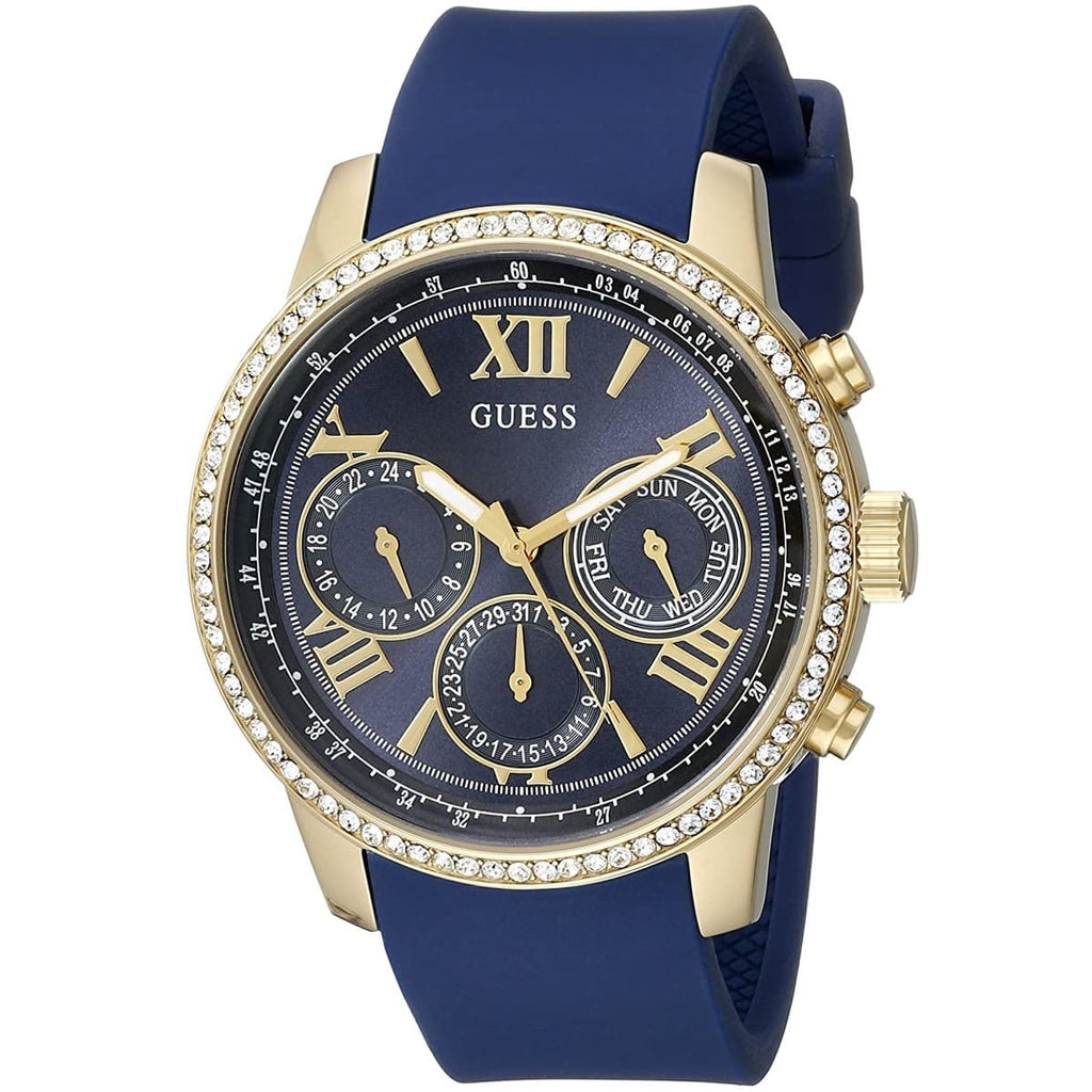 ساعة حريمي Guess Sunrise متعددة الوظائف W0616L2، إطار ذهبي، مينا أزرق، سوار مطاطي أزرق