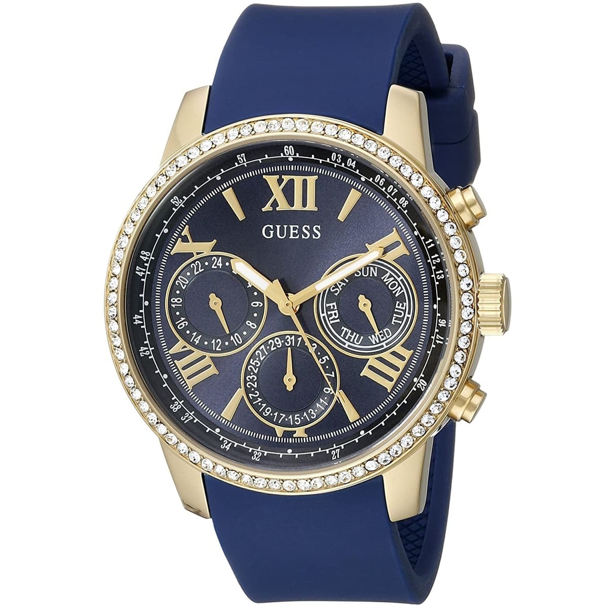 Guess Sunrise Multi-Function W0616L2 Gold Case Blue Dial Blue Rubber Women Watch