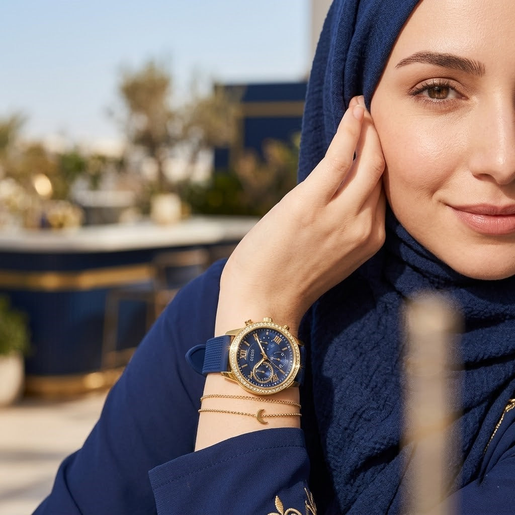 Guess Sunrise Multi-Function W0616L2 Gold Case Blue Dial Blue Rubber Women Watch