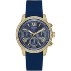 ساعة حريمي Guess Sunrise متعددة الوظائف W0616L2، إطار ذهبي، مينا أزرق، سوار مطاطي أزرق