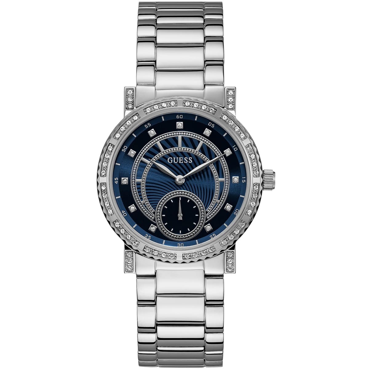 Guess Constellation W1006L1 Silver Case Crystal Bezel Blue Textured Dial Silver Metal Women's Watch