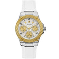 Guess Zena Multi-Function W1094L1 Silver Case Gold Bezel White Rubber Women's Watch