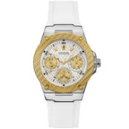 Guess Zena Multi-Function W1094L1 Silver Case Gold Bezel White Rubber Women's Watch
