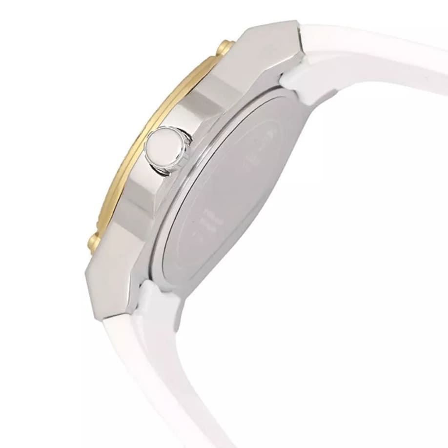Guess Zena Multi-Function W1094L1 Silver Case Gold Bezel White Rubber Women's Watch