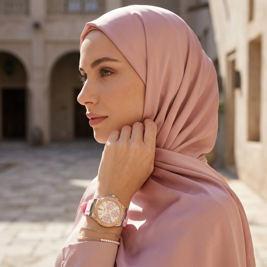 ساعة Guess Zena Multi-Function W1094L4 بسوار مطاطي وردي، وإطار ذهبي وردي، وعلبة فضية للنساء