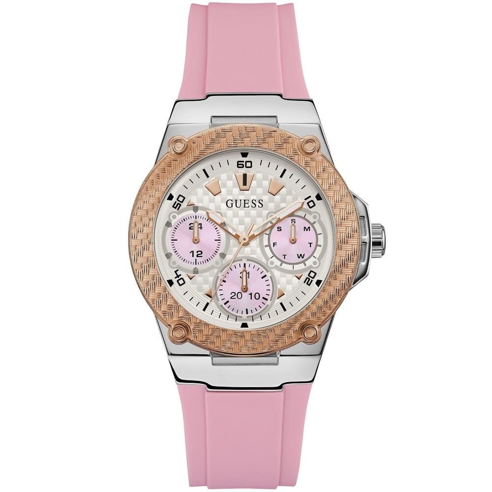 ساعة Guess Zena Multi-Function W1094L4 بسوار مطاطي وردي، وإطار ذهبي وردي، وعلبة فضية للنساء