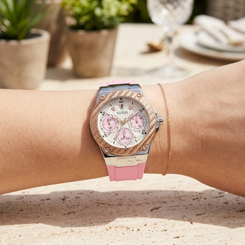 Guess Zena Multi-Function W1094L4 Silver Case Rose Gold Bezel Pink Rubber Women's Watch