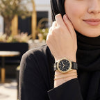 Guess Swirl Multi-Function W1096L3 Gold Case Crystal Bezel Black Dial Black Crystal Rubber Women's Watch