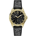 Guess Swirl Multi-Function W1096L3 Gold Case Crystal Bezel Black Dial Black Crystal Rubber Women's Watch