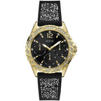 Guess Swirl Multi-Function W1096L3 Gold Case Crystal Bezel Black Dial Black Crystal Rubber Women's Watch