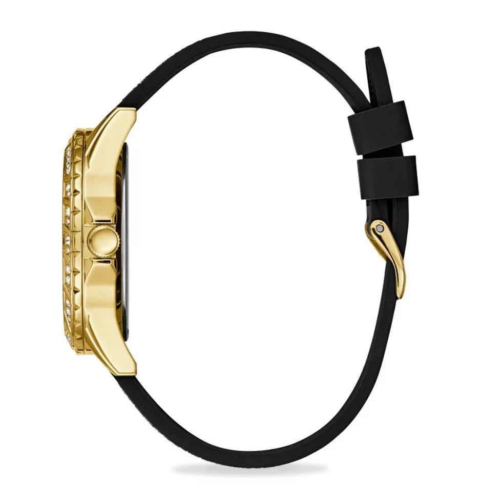Guess Swirl Multi-Function W1096L3 Gold Case Crystal Bezel Black Dial Black Crystal Rubber Women's Watch