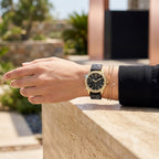 Guess Swirl Multi-Function W1096L3 Gold Case Crystal Bezel Black Dial Black Crystal Rubber Women's Watch