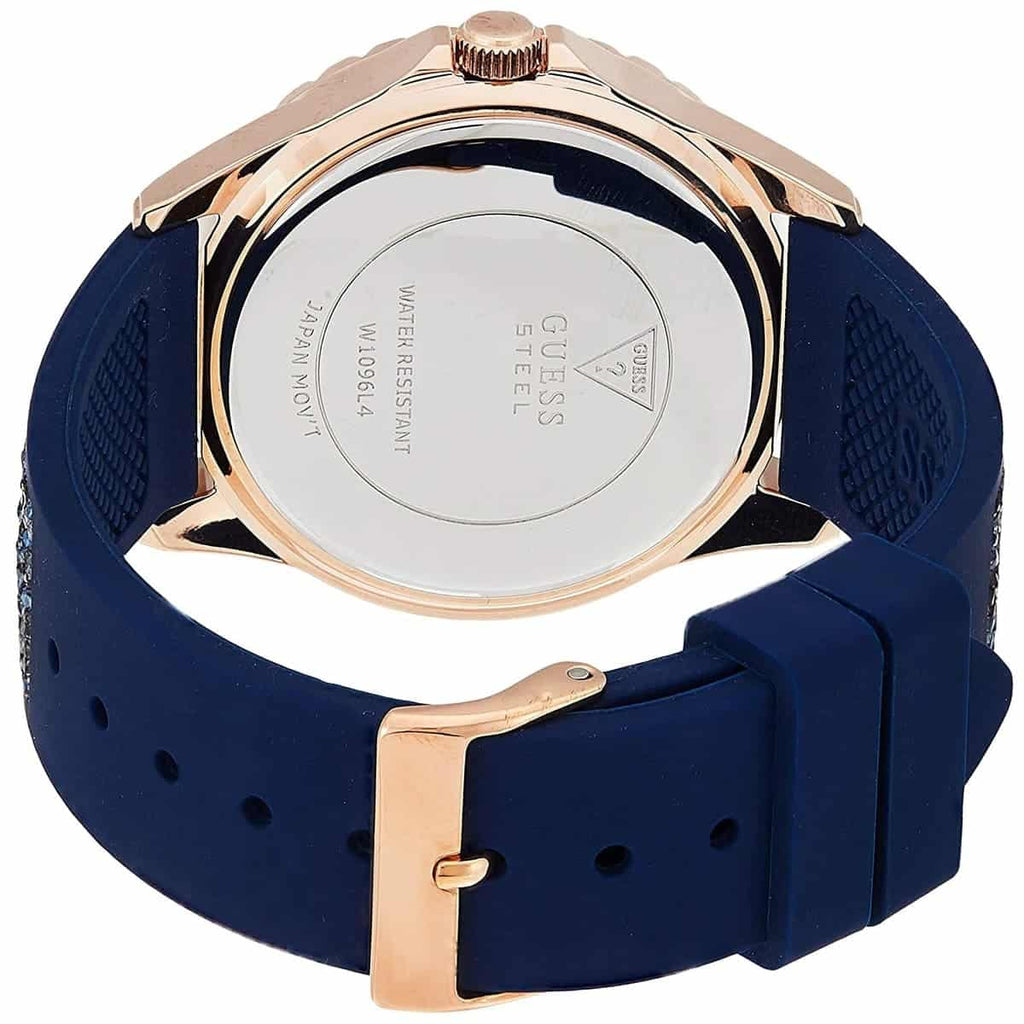 Guess Swirl Multi-Function W1096L4 Rose Gold Case Crystal Bezel White Dial Blue Crystal Rubber Women's Watch