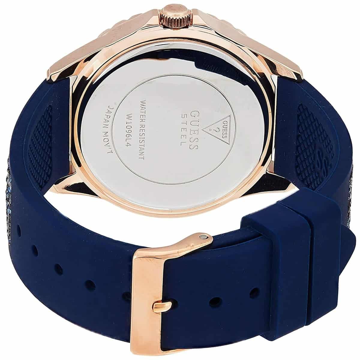 Guess Swirl Multi-Function W1096L4 Rose Gold Case Crystal Bezel White Dial Blue Crystal Rubber Women's Watch