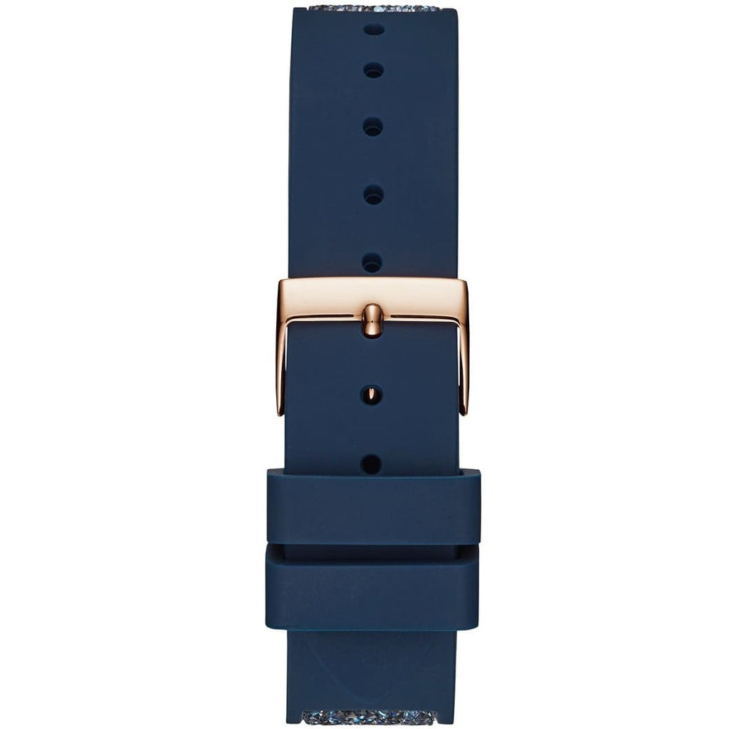 Guess Swirl Multi-Function W1096L4 Rose Gold Case Crystal Bezel White Dial Blue Crystal Rubber Women's Watch