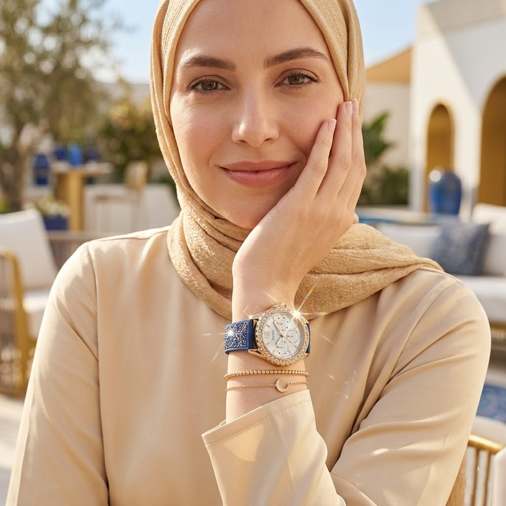ساعة يد جيس سويرل متعددة الوظائف W1096L4 للنساء، إطار ذهبي وردي، إطار كريستالي، قرص أبيض، مطاط كريستالي أزرق