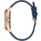 Guess Swirl Multi-Function W1096L4 Rose Gold Case Crystal Bezel White Dial Blue Crystal Rubber Women's Watch