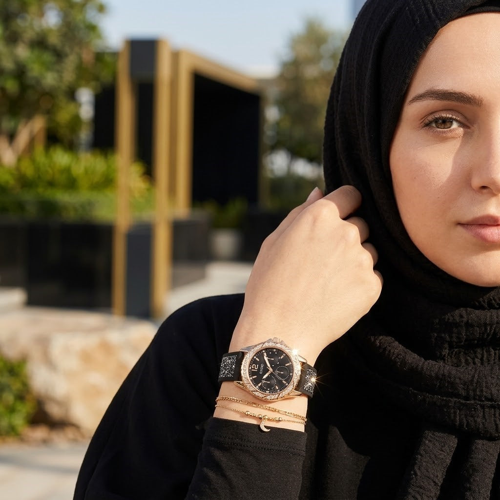 ساعة نسائية Guess Swirl Multi-Function W1096L5، بلون ذهبي وردي، إطار كريستالي، مينا أسود، وسوار مطاطي أسود مرصع بالكريستال