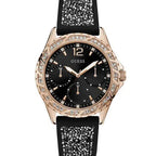 Guess Swirl Multi-Function W1096L5 Rose Gold Case Crystal Bezel Black Dial Black Crystal Rubber Women's Watch