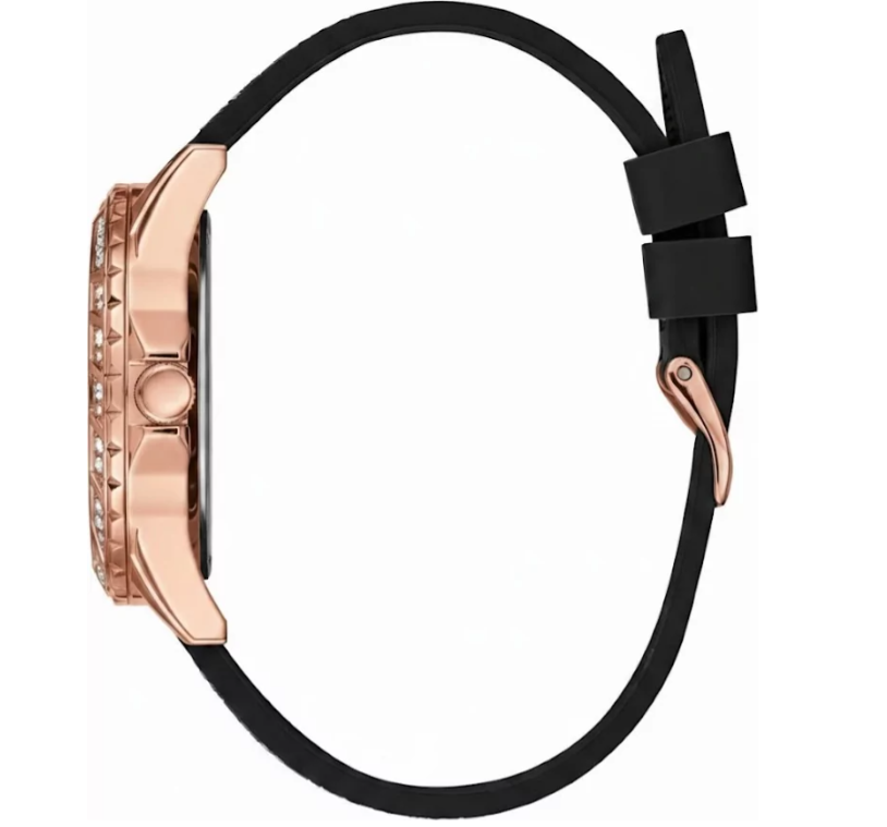 Guess Swirl Multi-Function W1096L5 Rose Gold Case Crystal Bezel Black Dial Black Crystal Rubber Women's Watch