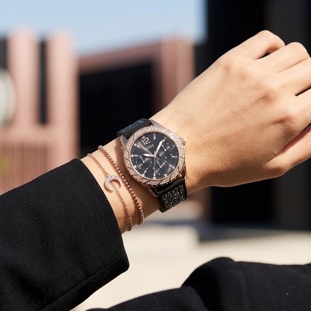 ساعة نسائية Guess Swirl Multi-Function W1096L5، بلون ذهبي وردي، إطار كريستالي، مينا أسود، وسوار مطاطي أسود مرصع بالكريستال