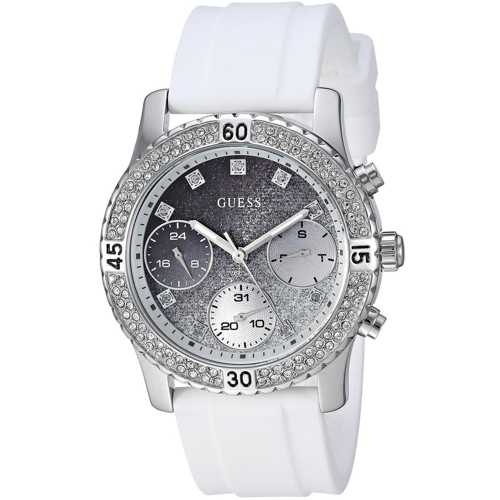Guess Confetti Multi-Function W1098L1 Silver Case Crystal Bezel White Rubber Women's Watch