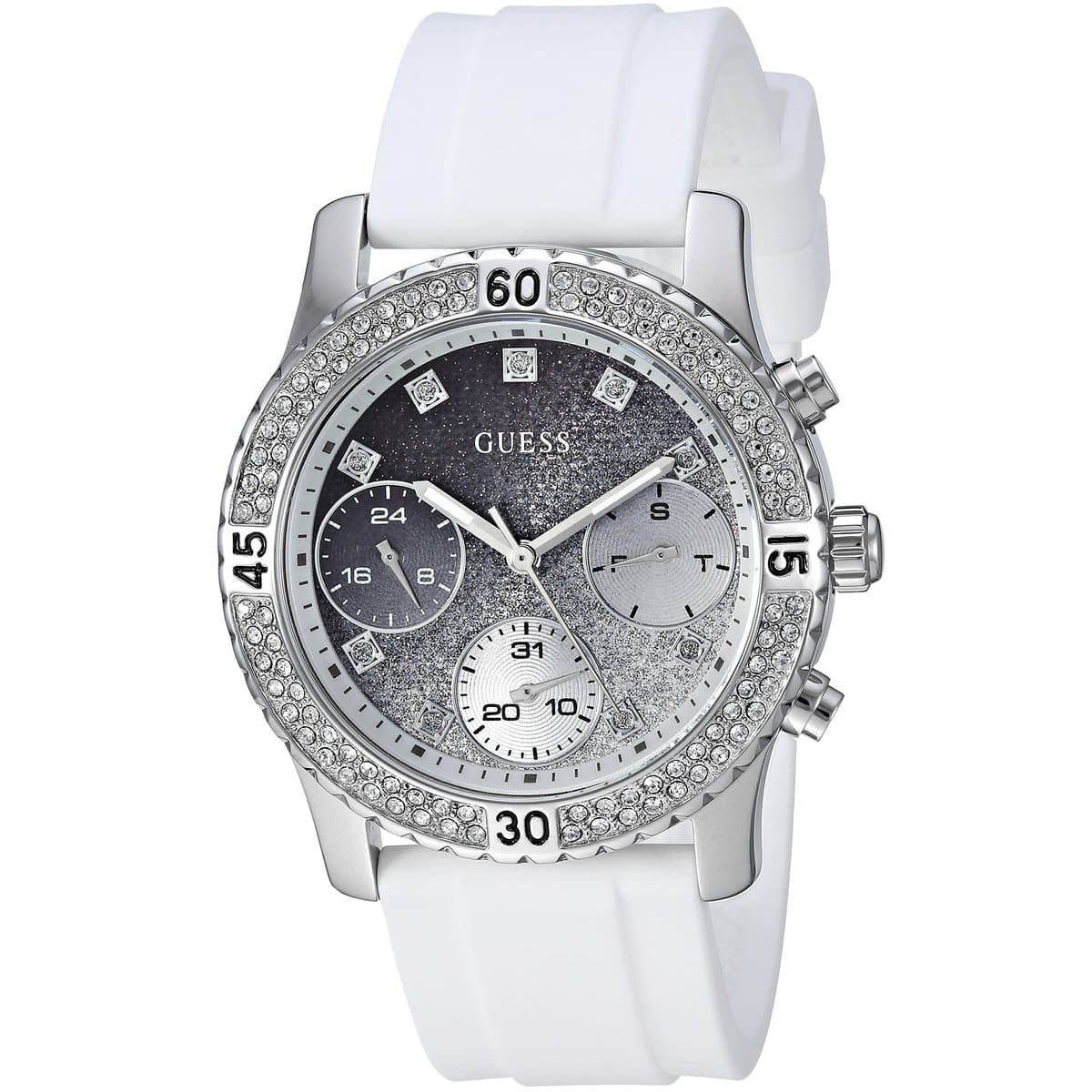 Guess Confetti Multi-Function W1098L1 Silver Case Crystal Bezel White Rubber Women's Watch