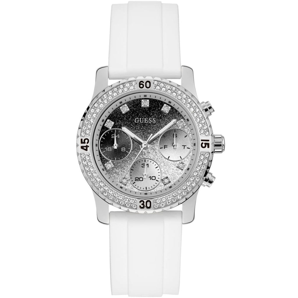 Guess Confetti Multi-Function W1098L1 Silver Case Crystal Bezel White Rubber Women's Watch