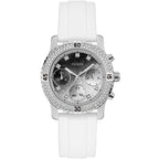 Guess Confetti Multi-Function W1098L1 Silver Case Crystal Bezel White Rubber Women's Watch