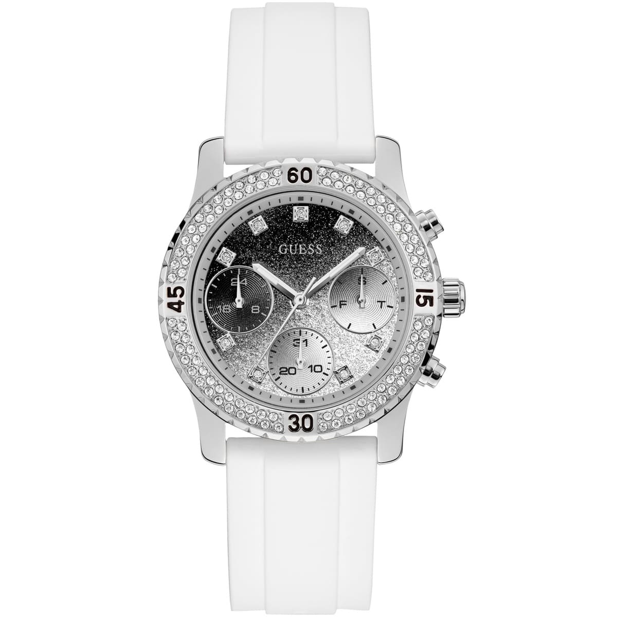 Guess Confetti Multi-Function W1098L1 Silver Case Crystal Bezel White Rubber Women's Watch