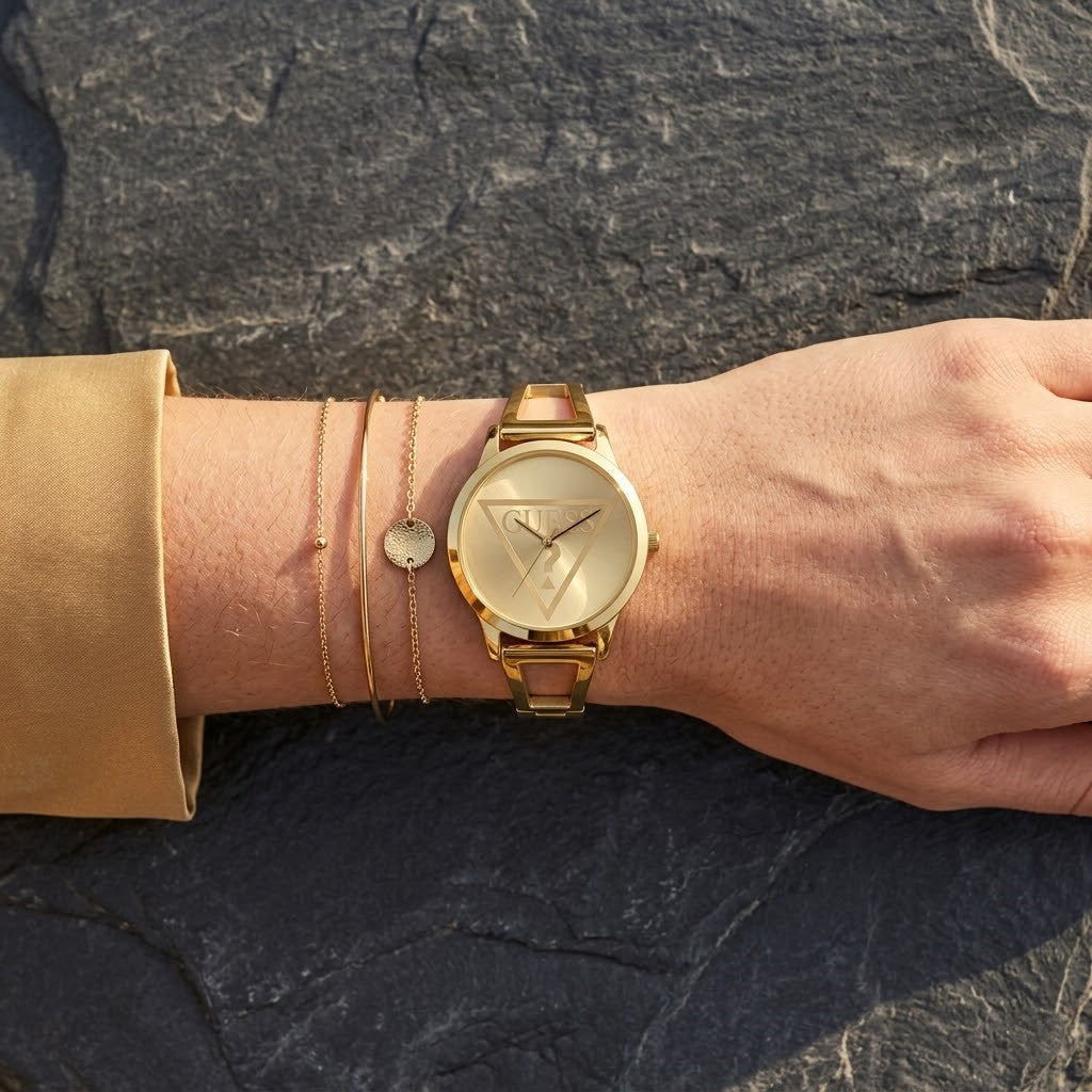 Guess W1145L3 Gold Case Triangle Logo Gold Bangle Women's Watch